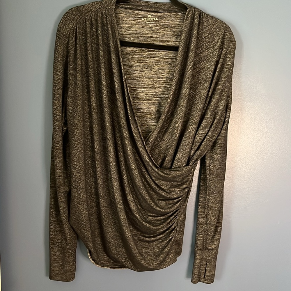 Athleta women's large, black heather, cross-front long sleeve top, keyhole cuffs